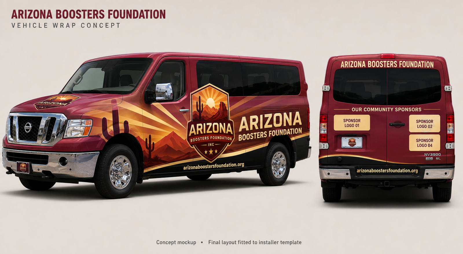 Arizona Boosters Foundation vehicle wrap concept — Nissan NV3500 passenger van with desert sunburst design and community sponsor panels on the rear