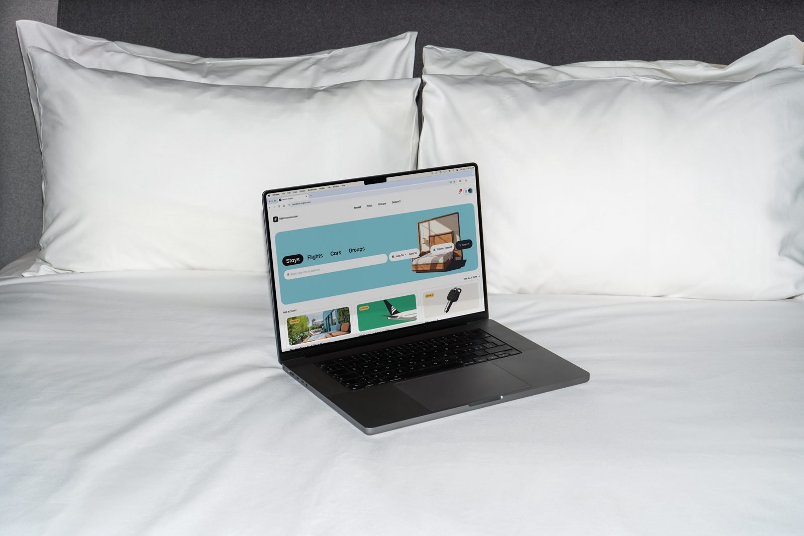 Engine hotel search on a laptop, with a San Francisco map and hotels listed by nightly rate