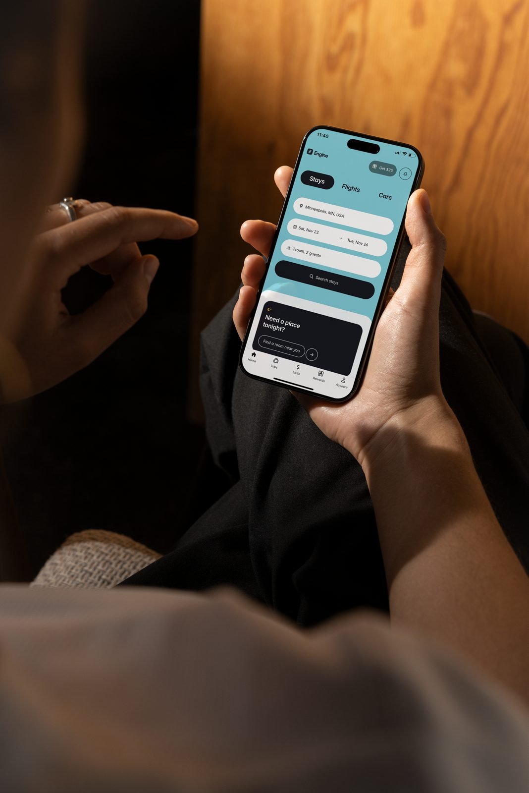 Engine app on a phone showing a Minneapolis stays search for one room, November 23 to 26
